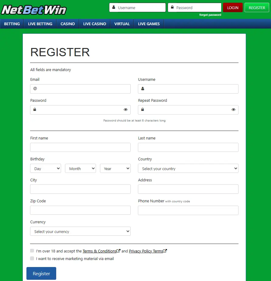 Registration at Netbet Casino Site